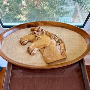 Vintage Carved Wood Horses over Burlp Wall Art in Oval Wooden Rustic Frame
